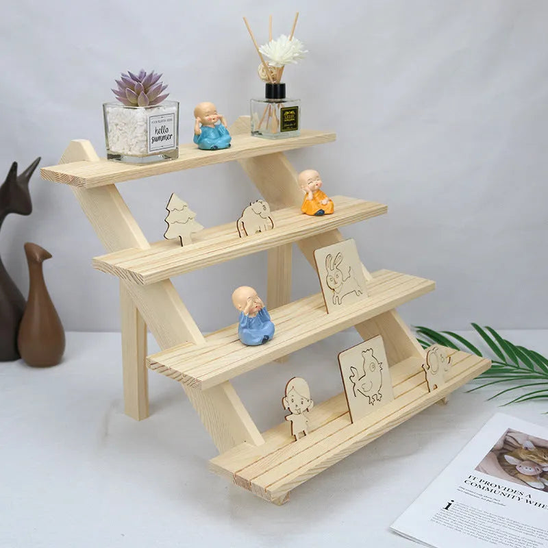 Multi-layer wooden stepped shelf with five tiers in natural wood colour, desk storage unit for books and display