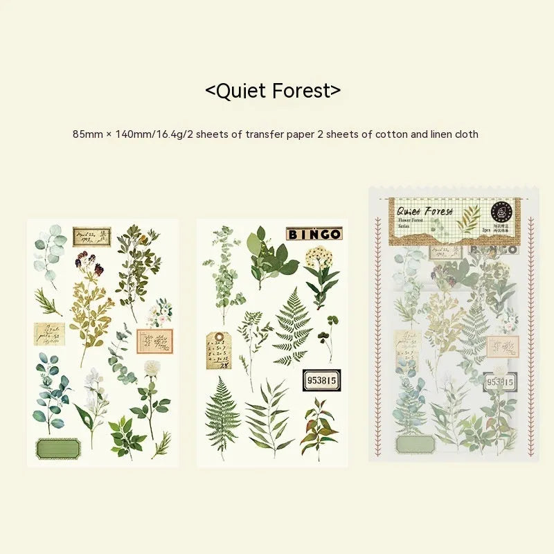 Huazhisen art deco forest label stickers in six colour variants showing transfer paper and cotton linen sheets