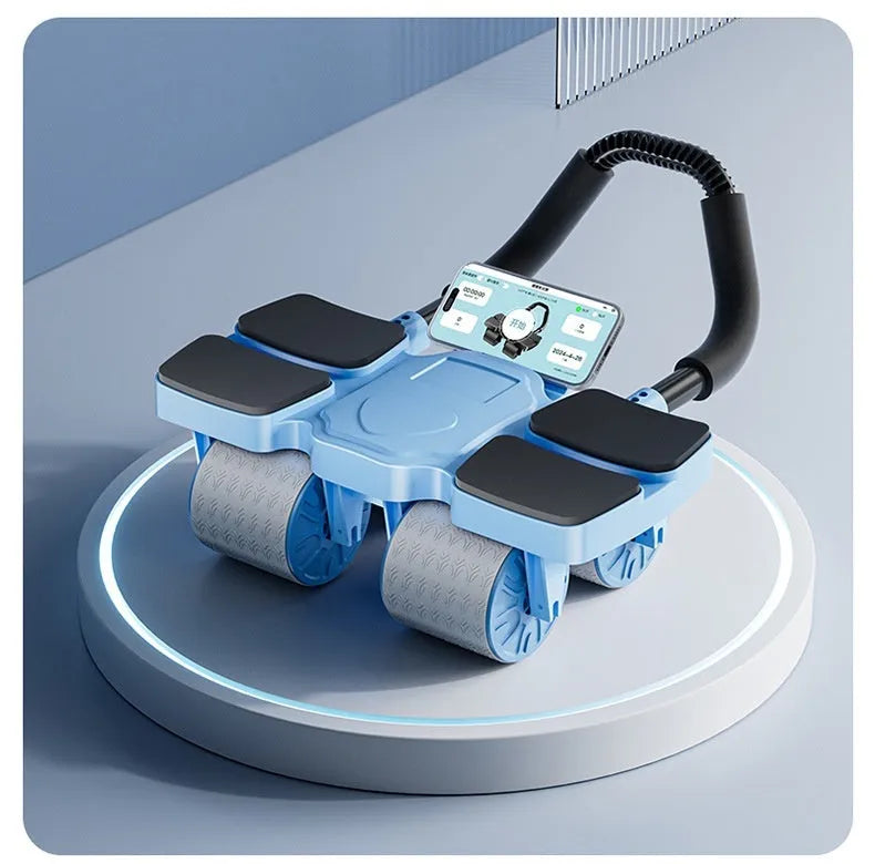 Abdominal wheel fitness equipment with four wheels in black, blue, or orange colour options