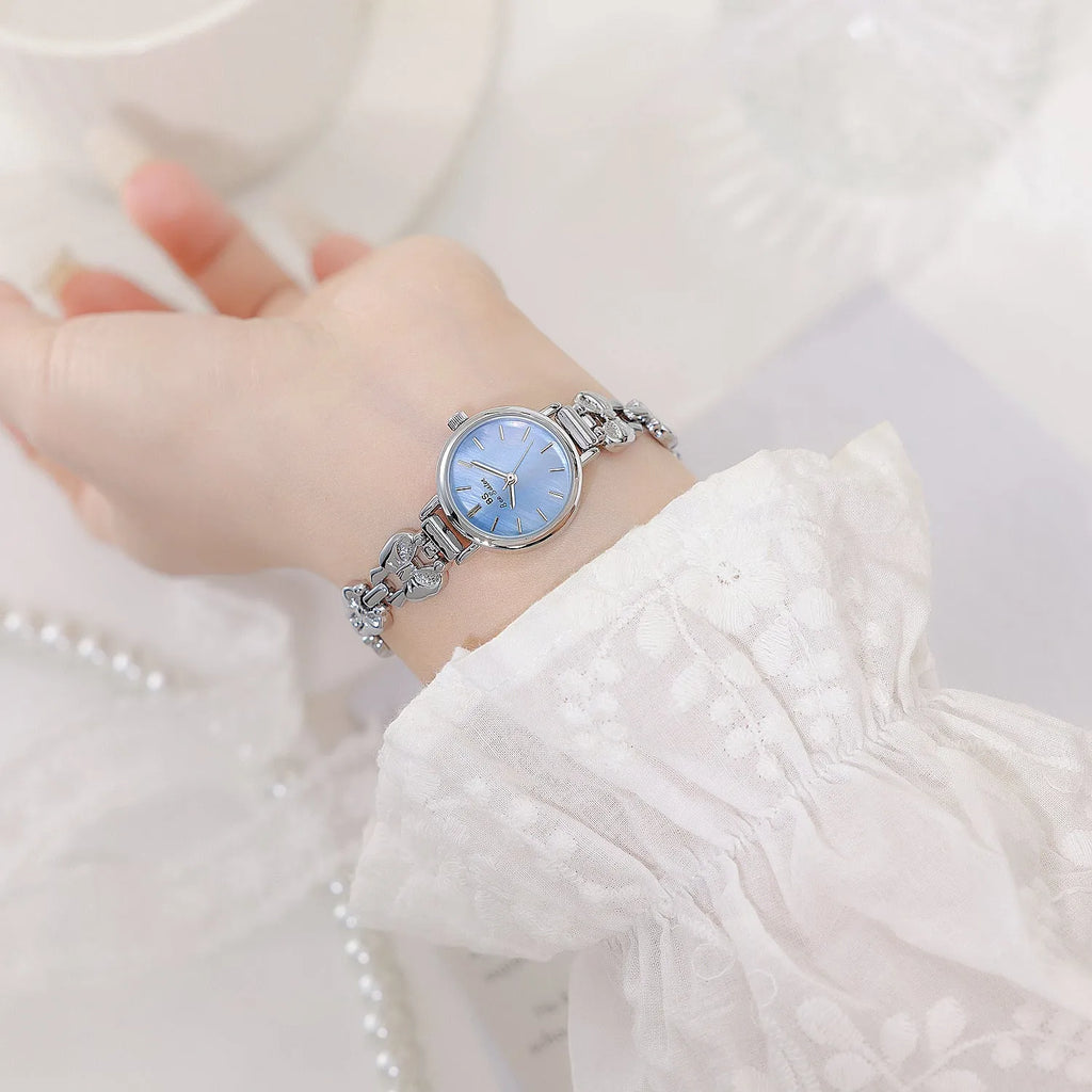 Women's French retro style watch with 7mm thin alloy case, shown in golden white, silver white, vintage gold and baby blue