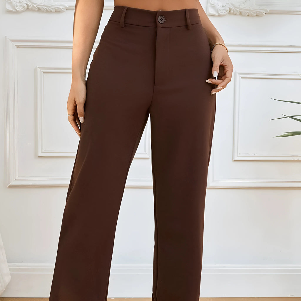 Women's dark brown elastic waist pleated straight trousers with side pockets, polyester fabric