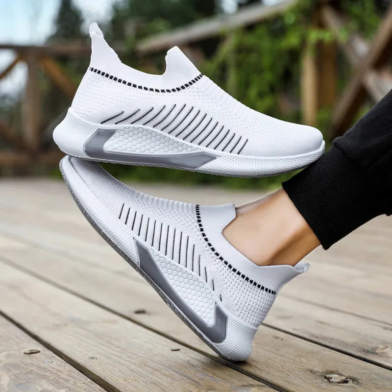 Men's mesh sock sneakers with striped design and lace-up front closure