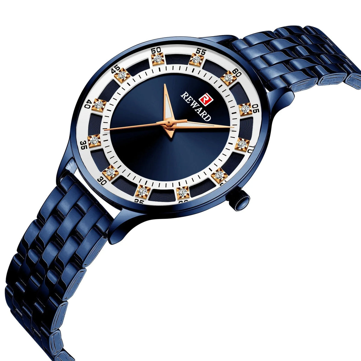 Women's quartz watch with steel belt, diamond detail, 8mm thickness, blue shell or rose shell or gold finish
