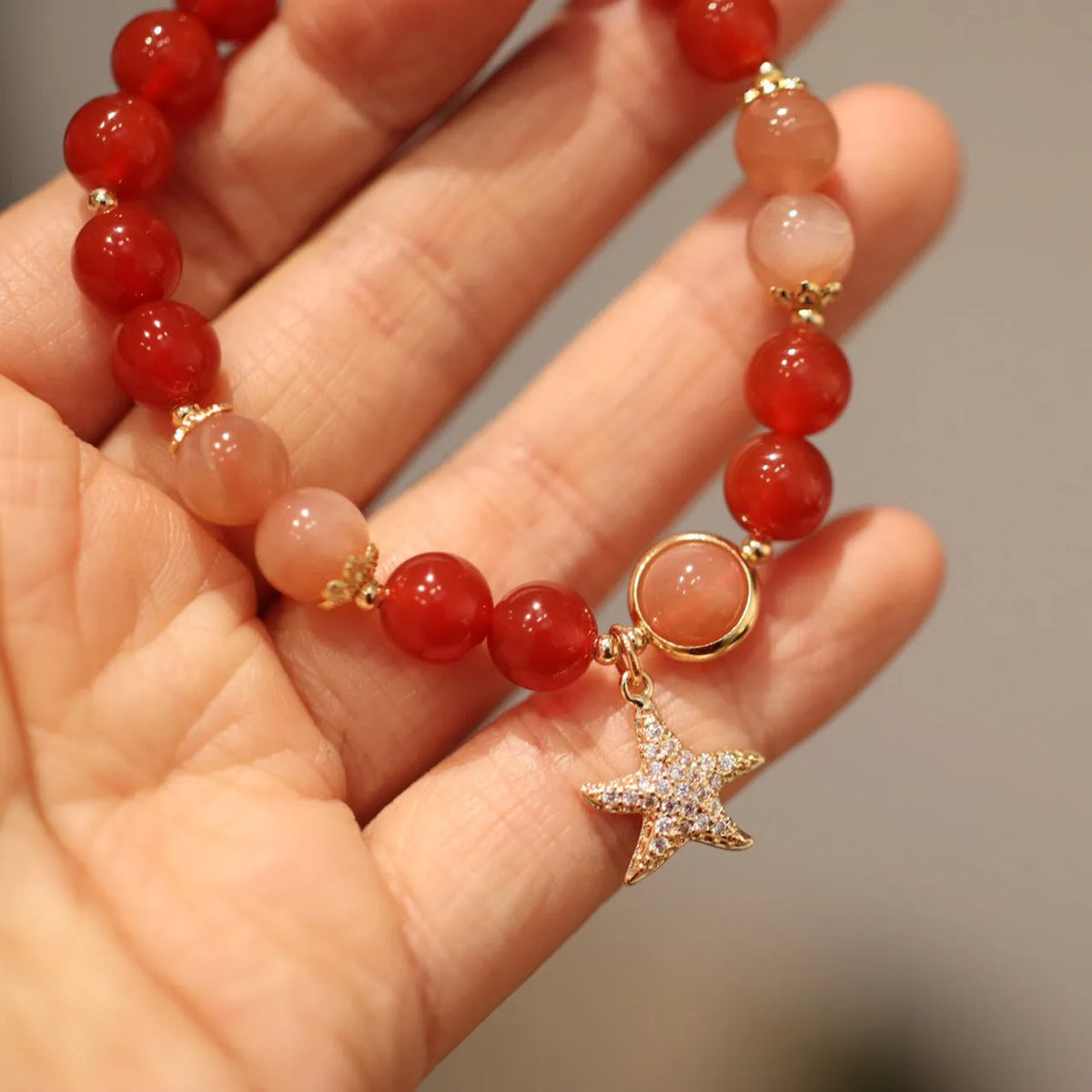 Handmade women's red agate sunstone bracelet 8mm beads star shape ethnic style