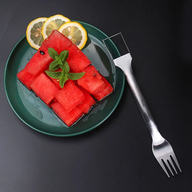 2-in-1 stainless steel watermelon slicer fork 26cm silver kitchen fruit cutting tool
