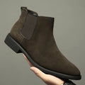 Men's pointed suede short Martin boots in brown, cowhide upper, pigskin lining, low heel