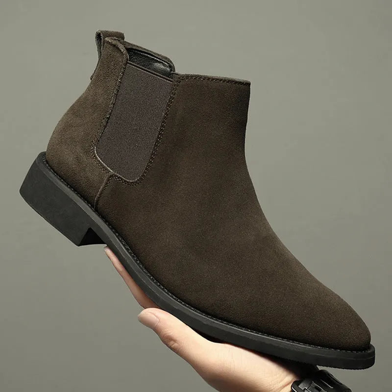 Men's pointed suede short Martin boots in brown, cowhide upper, pigskin lining, low heel