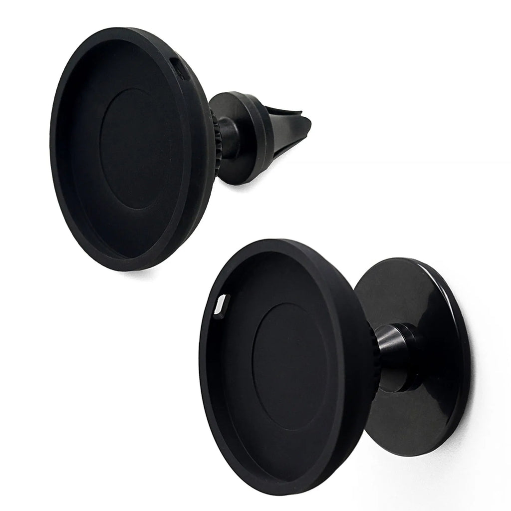Black magnetic car phone holder showing vent mount and base mount options