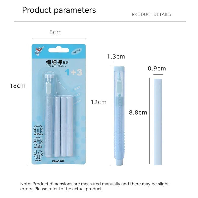 Push type automatic eraser in blue, green, pink, purple colours measuring 12cm by 8cm