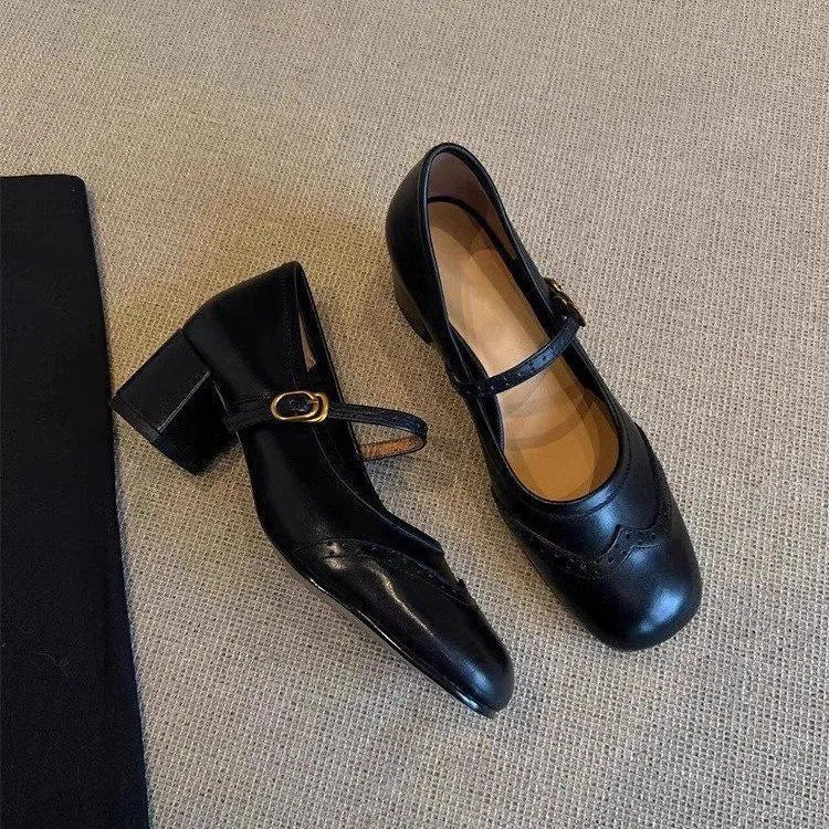Pair of women's square toe high heel pumps with short stout heel, microfiber upper and rubber sole, in black, red or apricot