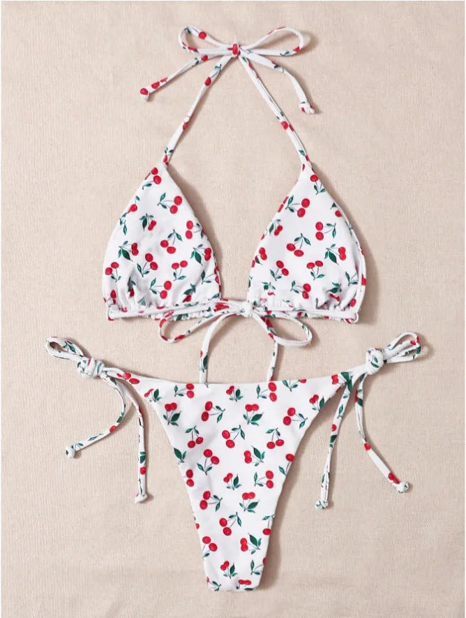 Holiday split halter bikini set in solid picture colour with backless design, briefs bottom and nylon lining, sizes S to XL