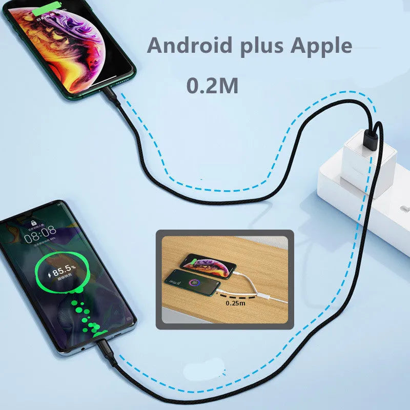 Black and red braided nylon charging cable with two Android-style connectors for simultaneous device charging.