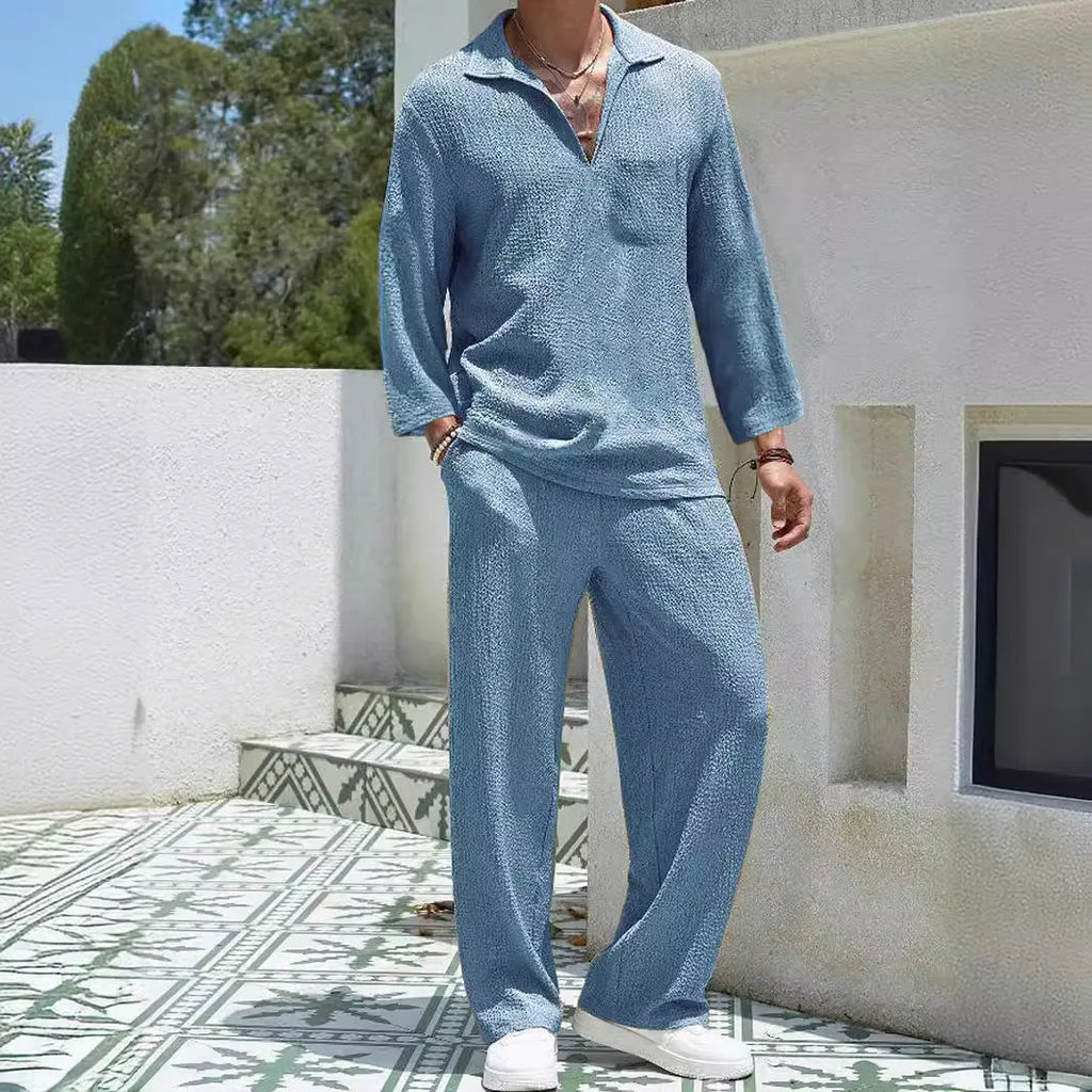 Men's casual commuter suit comprising shirt jacket and matching trousers in polyester fabric