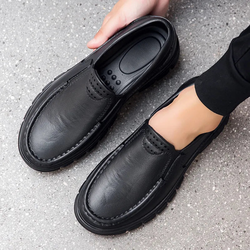 Men's black slip-on work shoes with platform heel and artificial leather waterproof upper