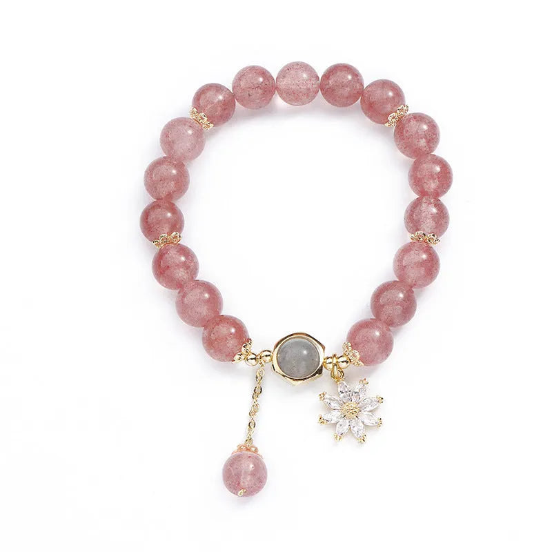 Strawberry quartz crystal bracelet with floral design elements in Mori natural style with electroplated finishing