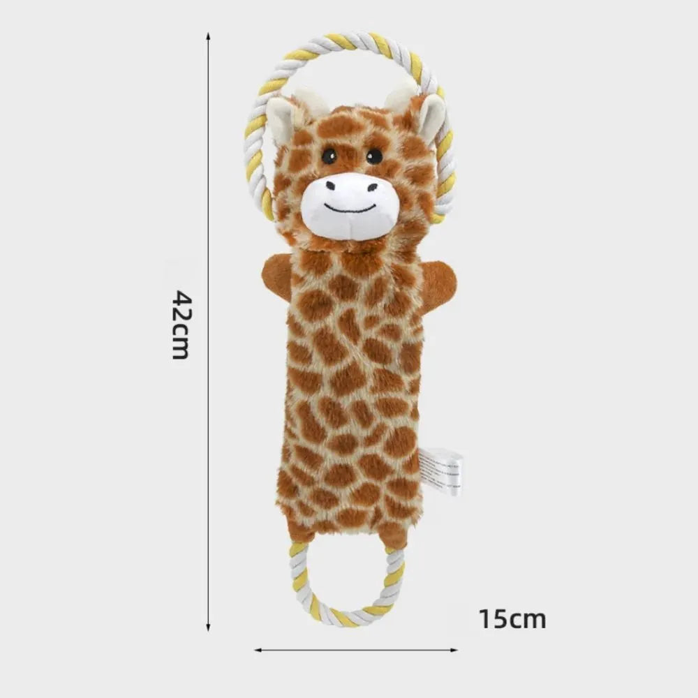 Plush dog toy shaped like zebra with rope and squeaker on white background