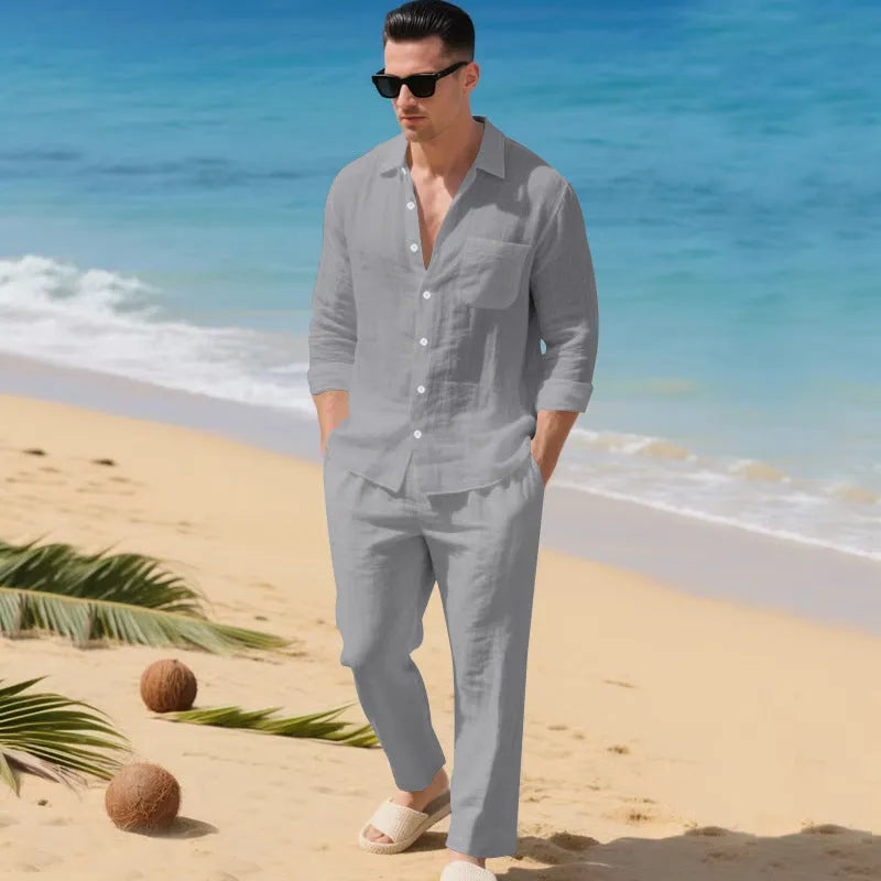 Linen blend long sleeve shirt and full-length trousers two-piece set in khaki, sizes S to XXXXL, casual autumn sport style