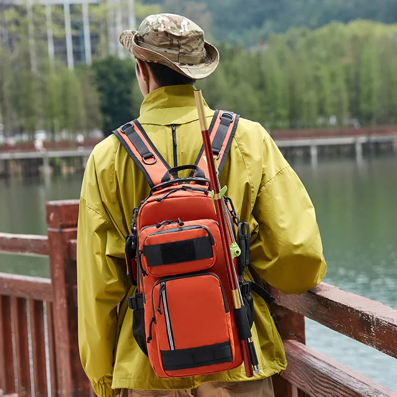 Large solid-colour outdoor backpack with hiking straps in orange, black, CP, or Black Scorpion.