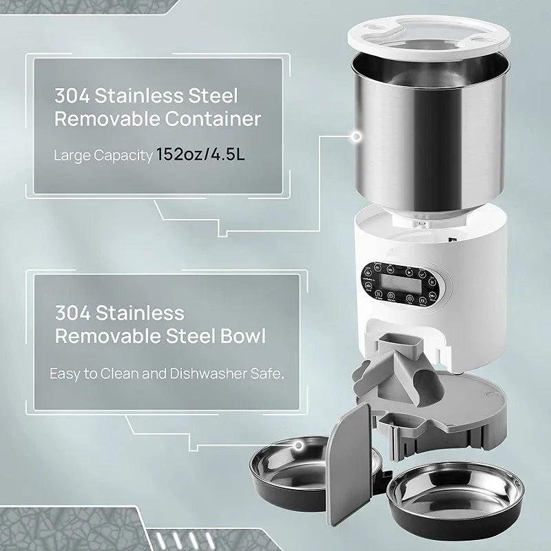 Automatic pet feeder with stainless steel bowl, 3L or 4.5L capacity, button or WiFi control and double meal option
