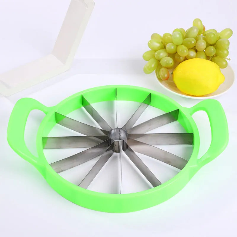 Green watermelon slicer with 410 stainless steel blade and non-slip handle on table