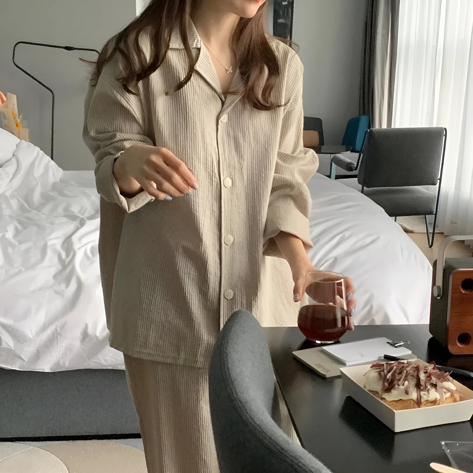 Women's striped long sleeve casual lounge suit set with top and trousers