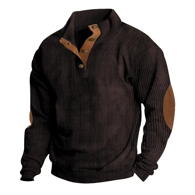 Men's casual stand-collar long sleeve pullover sweatshirt in solid colour with striped design, polyester fabric, loose fit