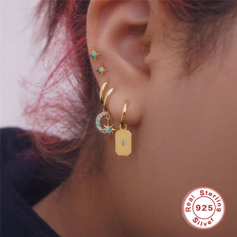 S925 sterling silver octagonal stud earrings with diamond and opal accents in gold or white gold colour