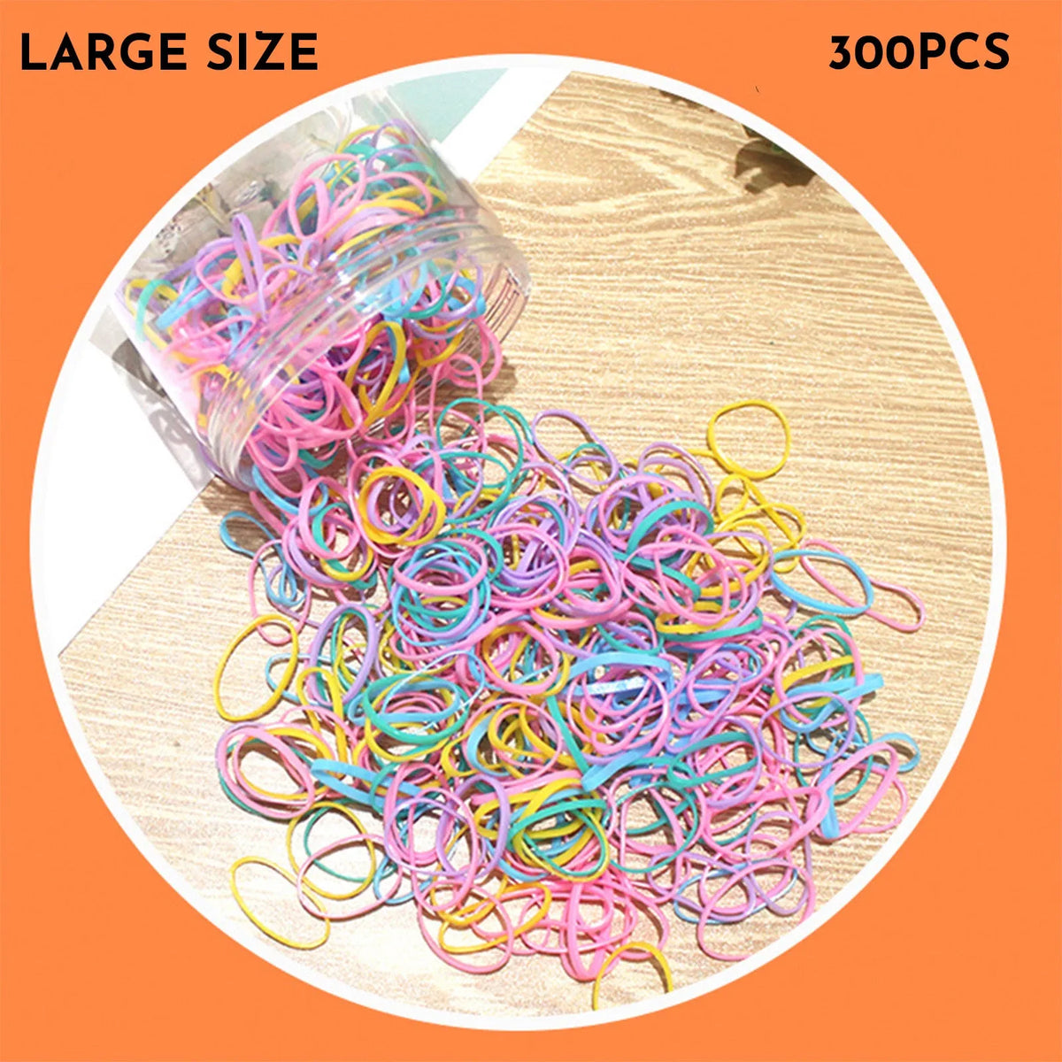 Multi-colour TPU baby hair elastic bands spilling from a reusable container.