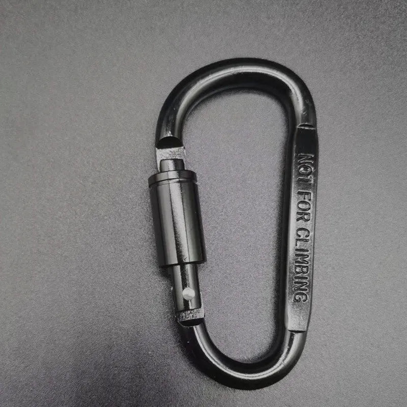 Aluminium D-shaped carabiner with lock shown in multiple colour options including black, silver, red, and blue.