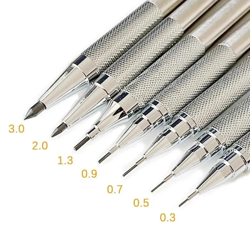 Silver metal automatic mechanical pencil with six compatible lead sizes from 0.5mm to 2.0mm on a notebook.