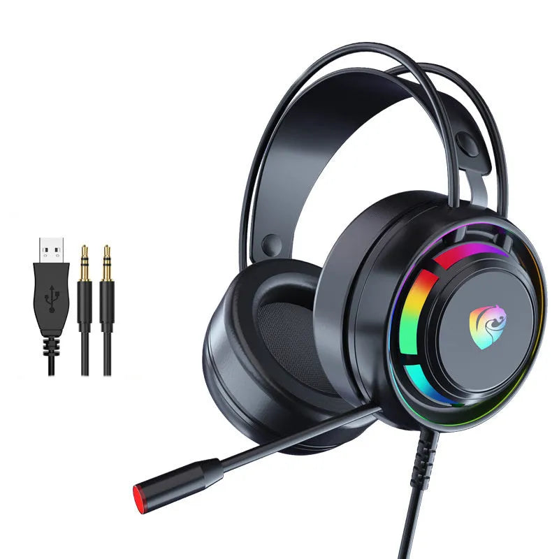 Black wired computer headphones with microphone, 50mm drivers, and 2.2 metre cable with 3.5mm and USB plugs