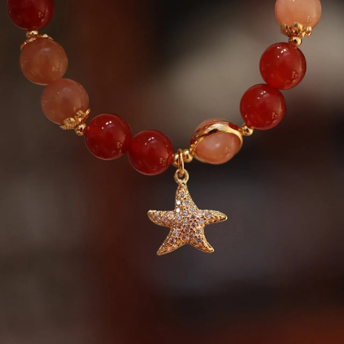 Handmade women's red agate sunstone bracelet 8mm beads star shape ethnic style