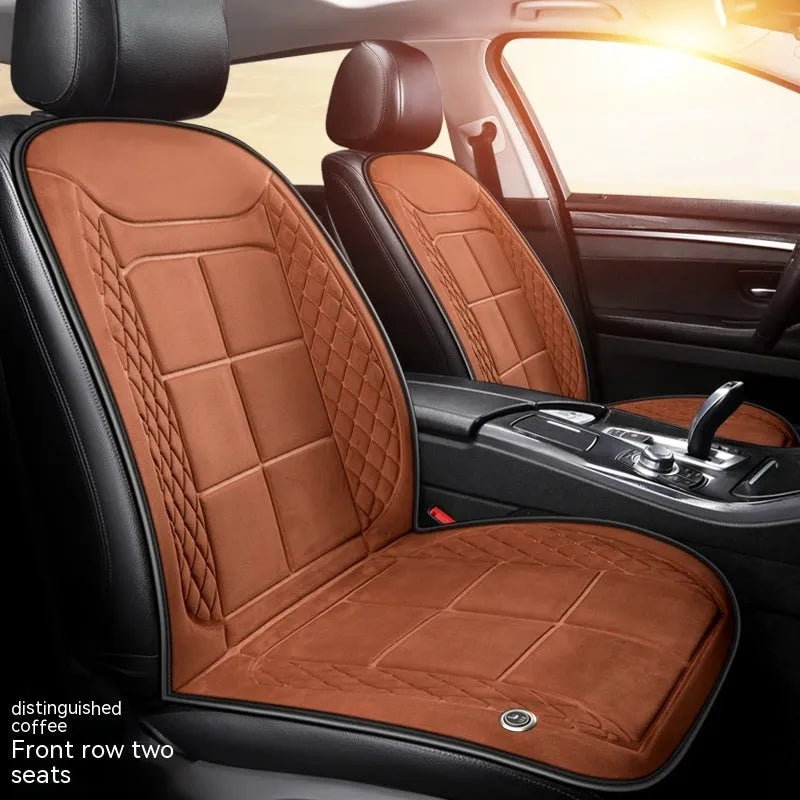 Car seat heating cushion in beige colour on a vehicle seat, showcasing its auto heating function and cotton filler.