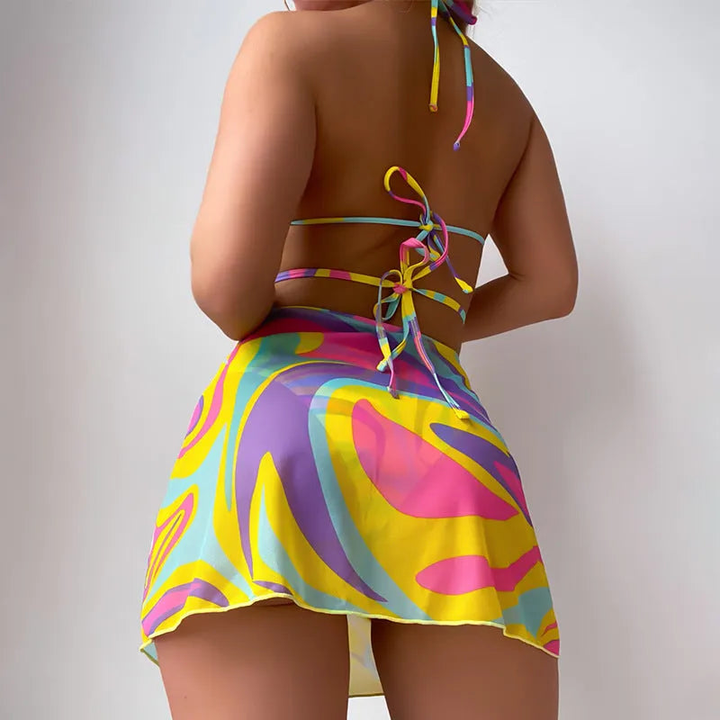 Yellow striped halter lace-up swimsuit with matching skirt and shorts set