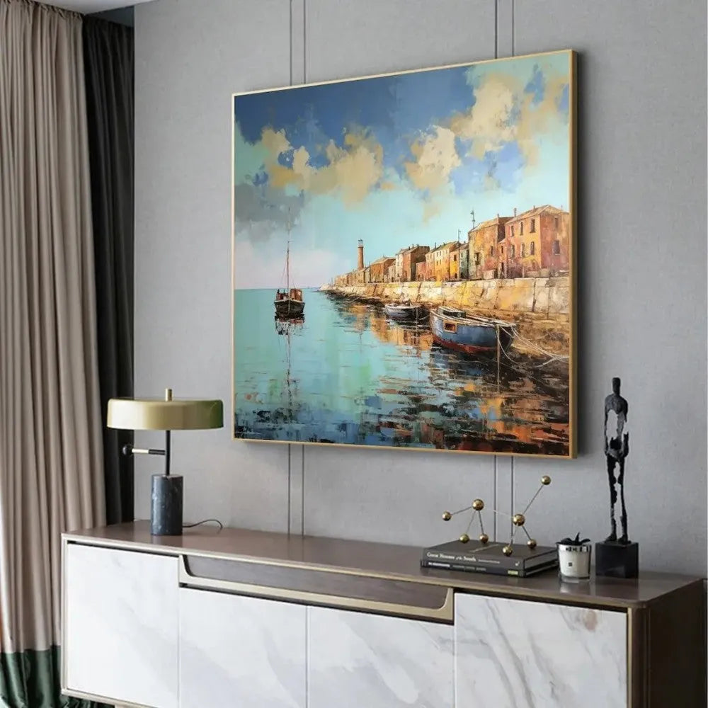 Hand painted landscape oil painting on canvas abstract pier scenery square wall art