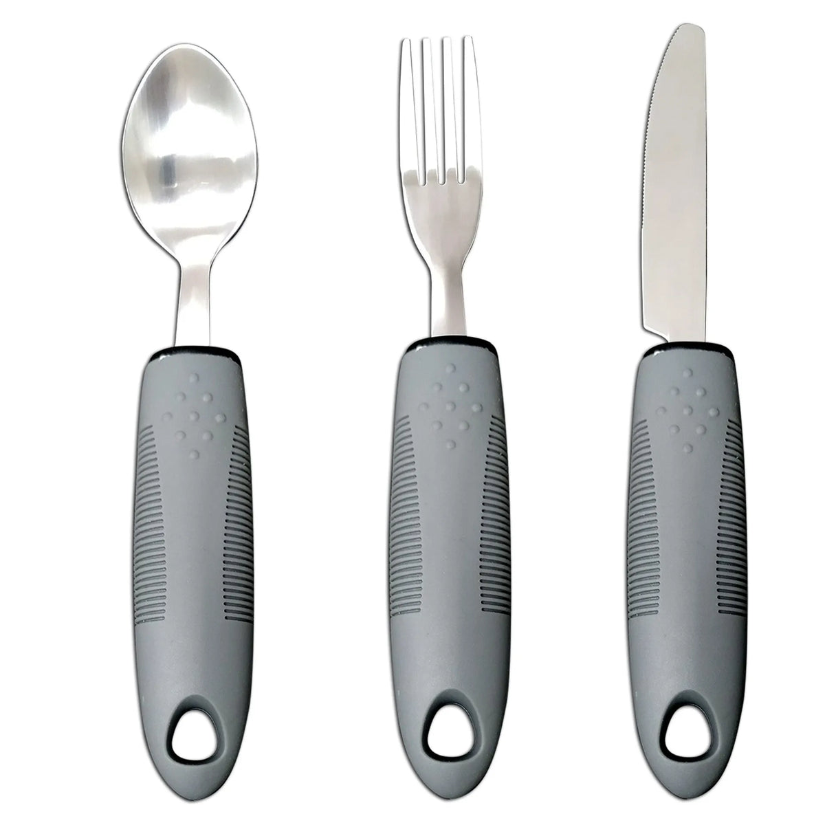 Anti-shake adaptive tableware set with stainless steel utensils and rubber handle grips