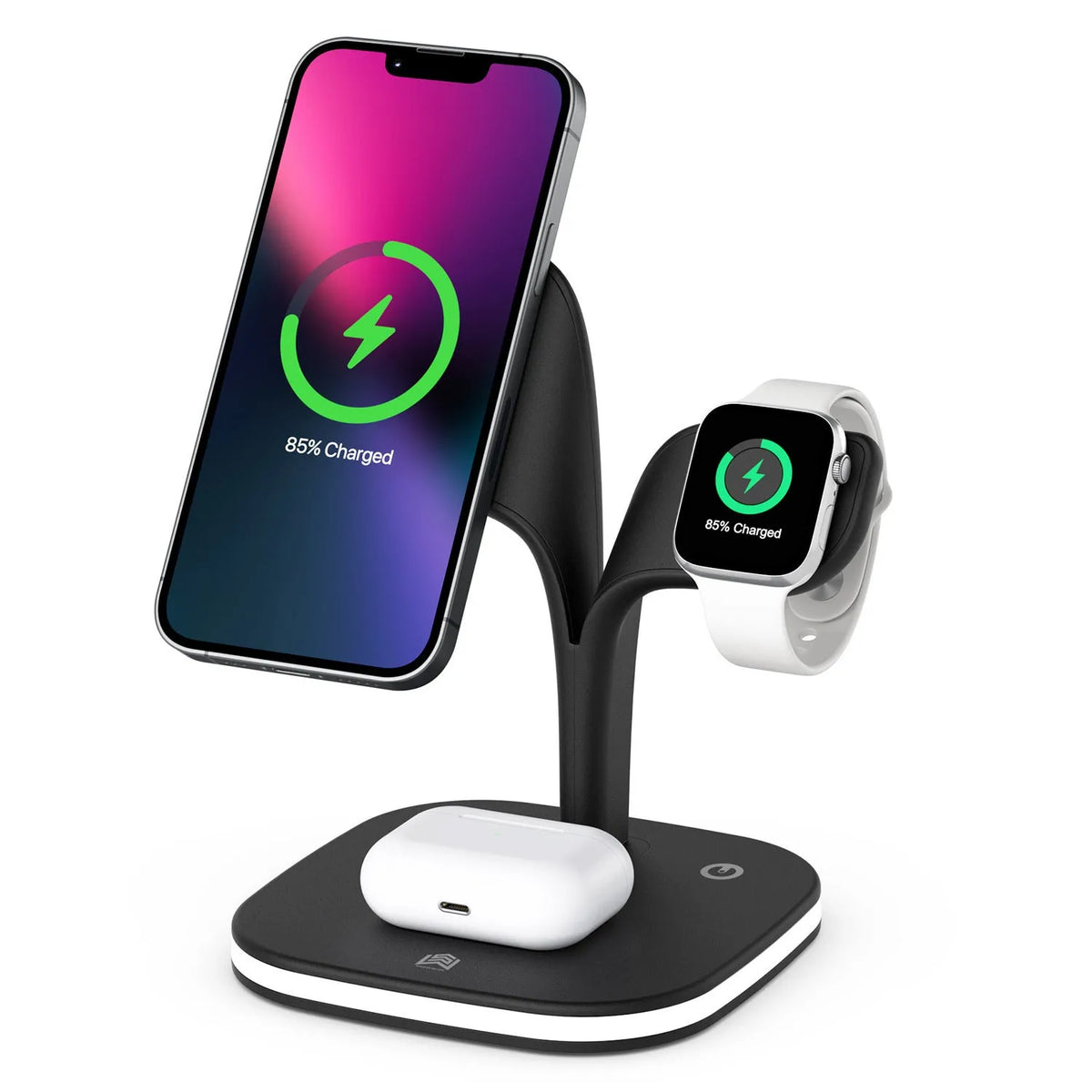 Black desktop wireless charging stand showing phone, watch and headphone charging simultaneously