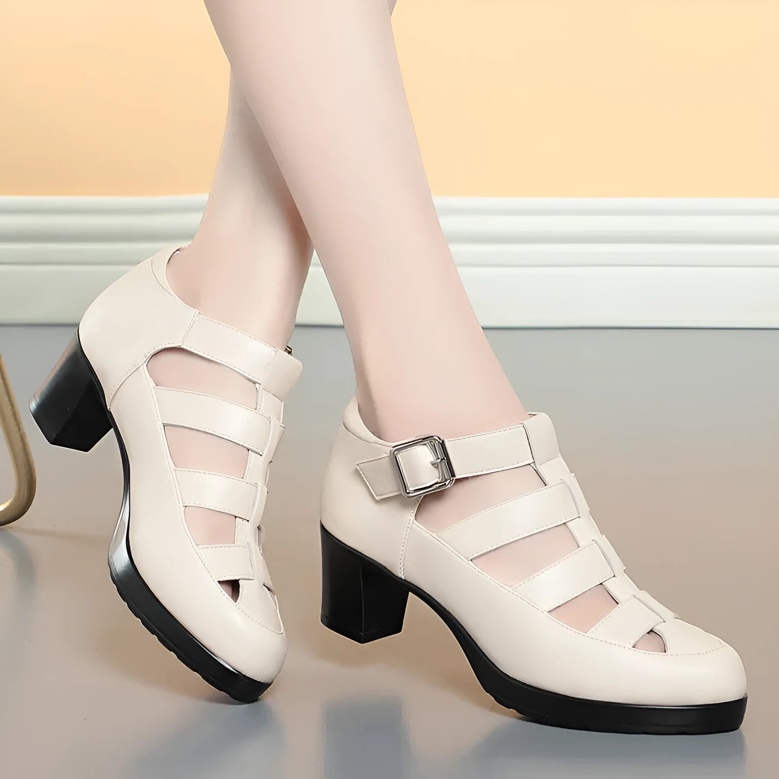 Women's closed toe woven sandals with chunky heel and ankle-strap buckle in beige colour
