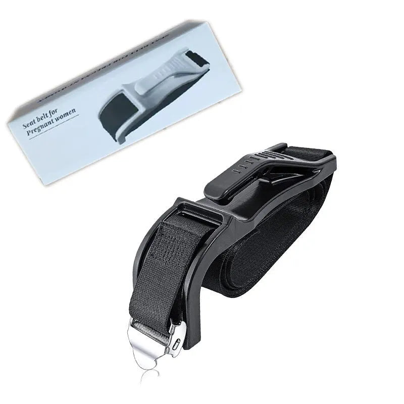 Black ABS maternity seat belt adjuster with metal buckle for pregnant passenger safety.