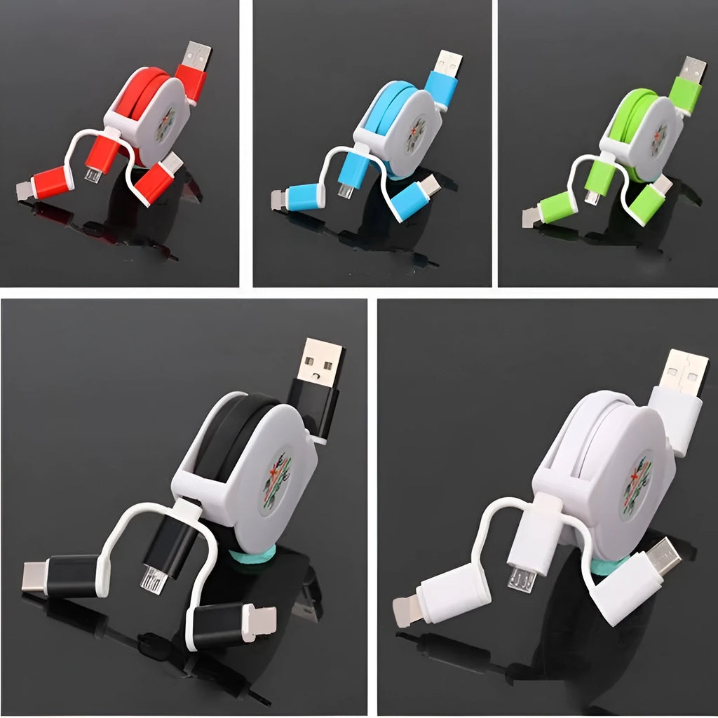 White three-in-one telescopic data cable with USB, Type-C, Micro USB, 8-Pin, and Apple connectors, 1m length