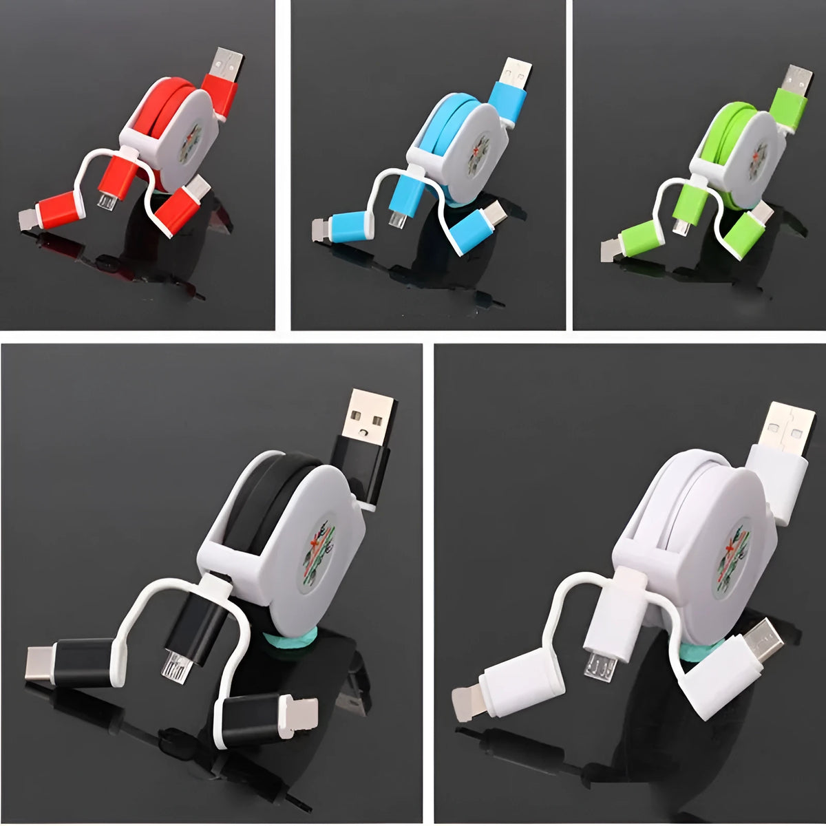 White three-in-one telescopic data cable with USB, Type-C, Micro USB, 8-Pin, and Apple connectors, 1m length
