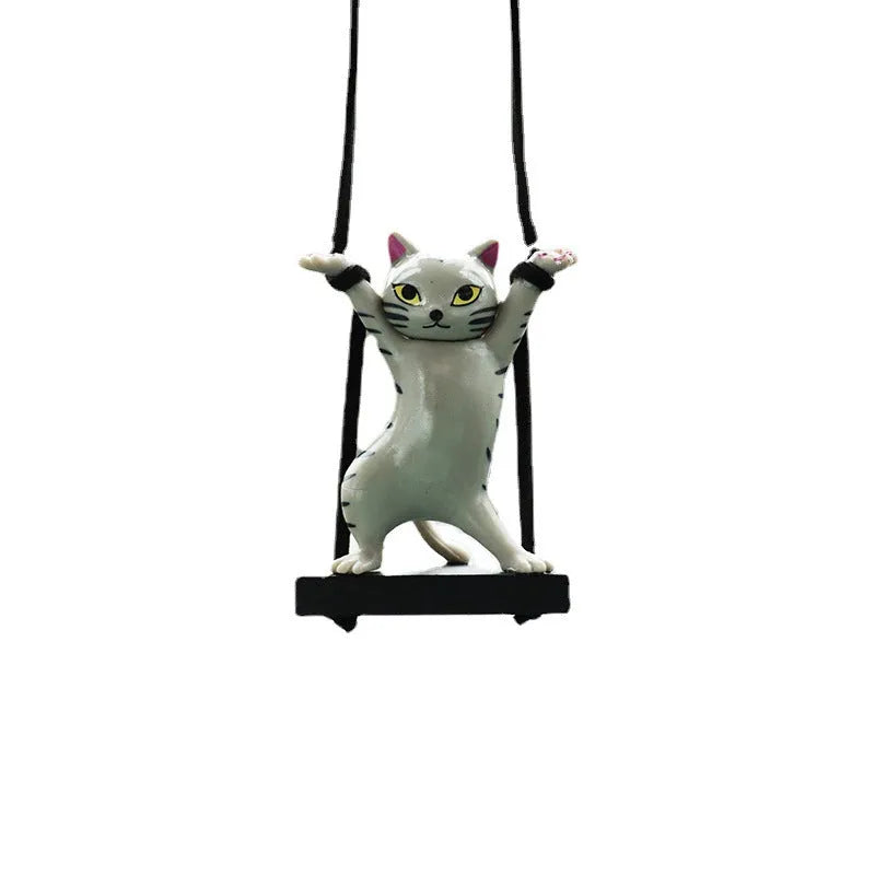 Resin cartoon cat pendant for car interior decoration with adjustable rope, shown in multiple colour options.