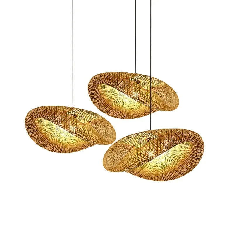 Bamboo woven hanging lamp with straw hat shape in natural material showing texture details