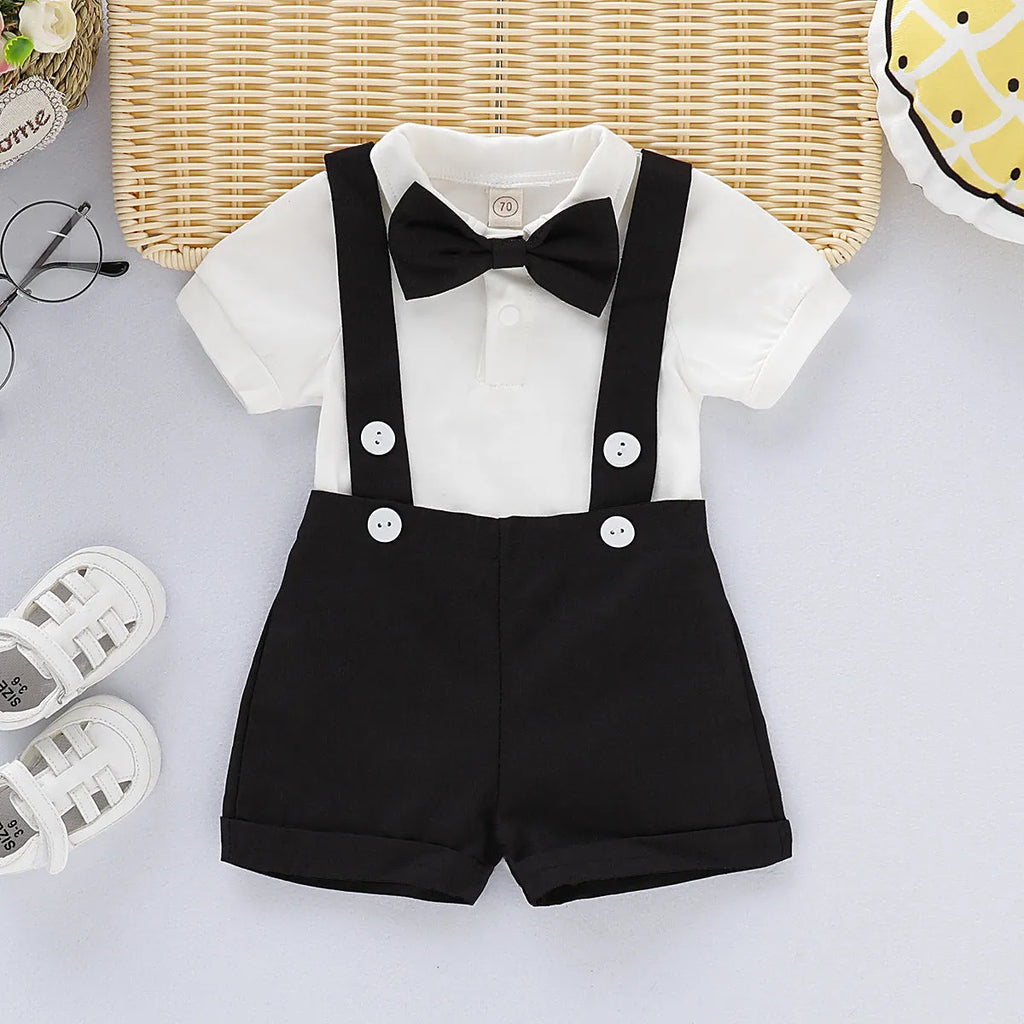 Baby romper bow tie overall dress set, three-piece cotton outfit, shorts, neutral, 70cm to 100cm