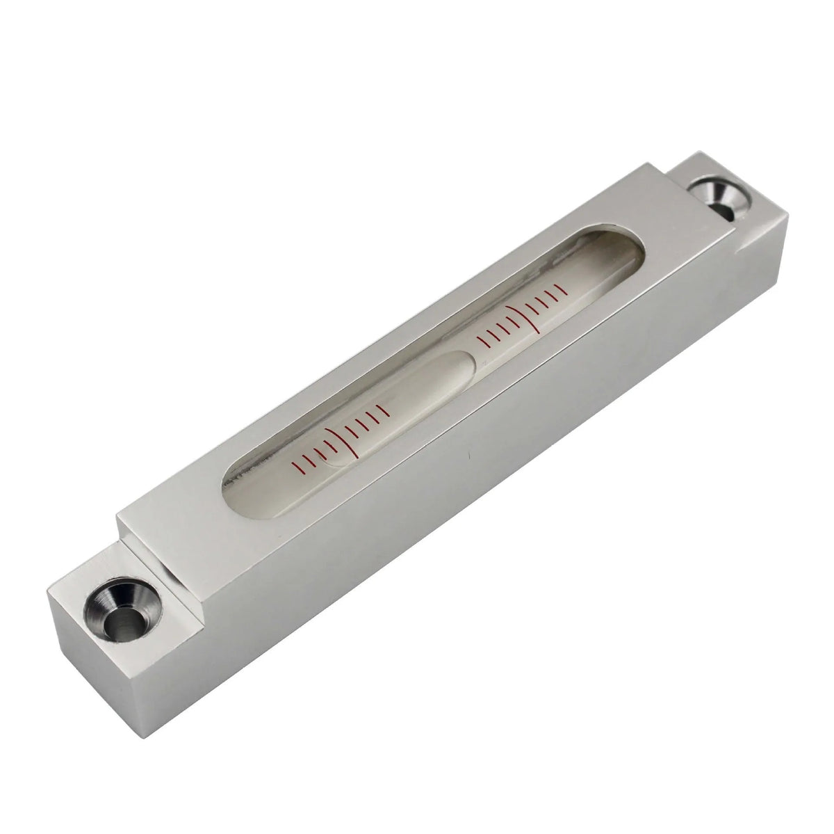 Metal and glass mini strip spirit level measuring 132mm long with accuracy markings.