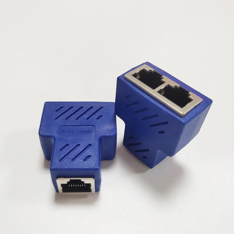 RJ45 network cable splitter adapter in five colour options showing tee configuration