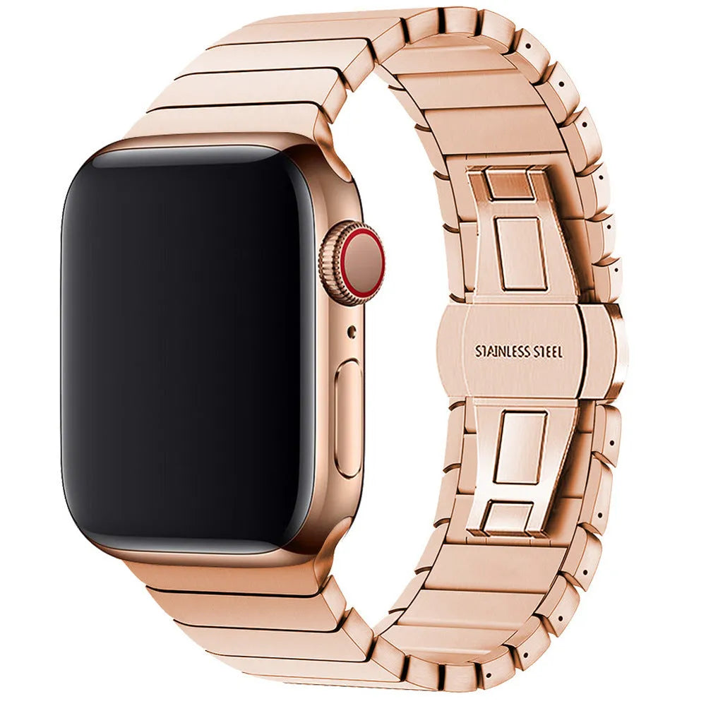 Stainless steel bamboo joint Apple Watch strap with butterfly clasp and one bead detail in seven colours