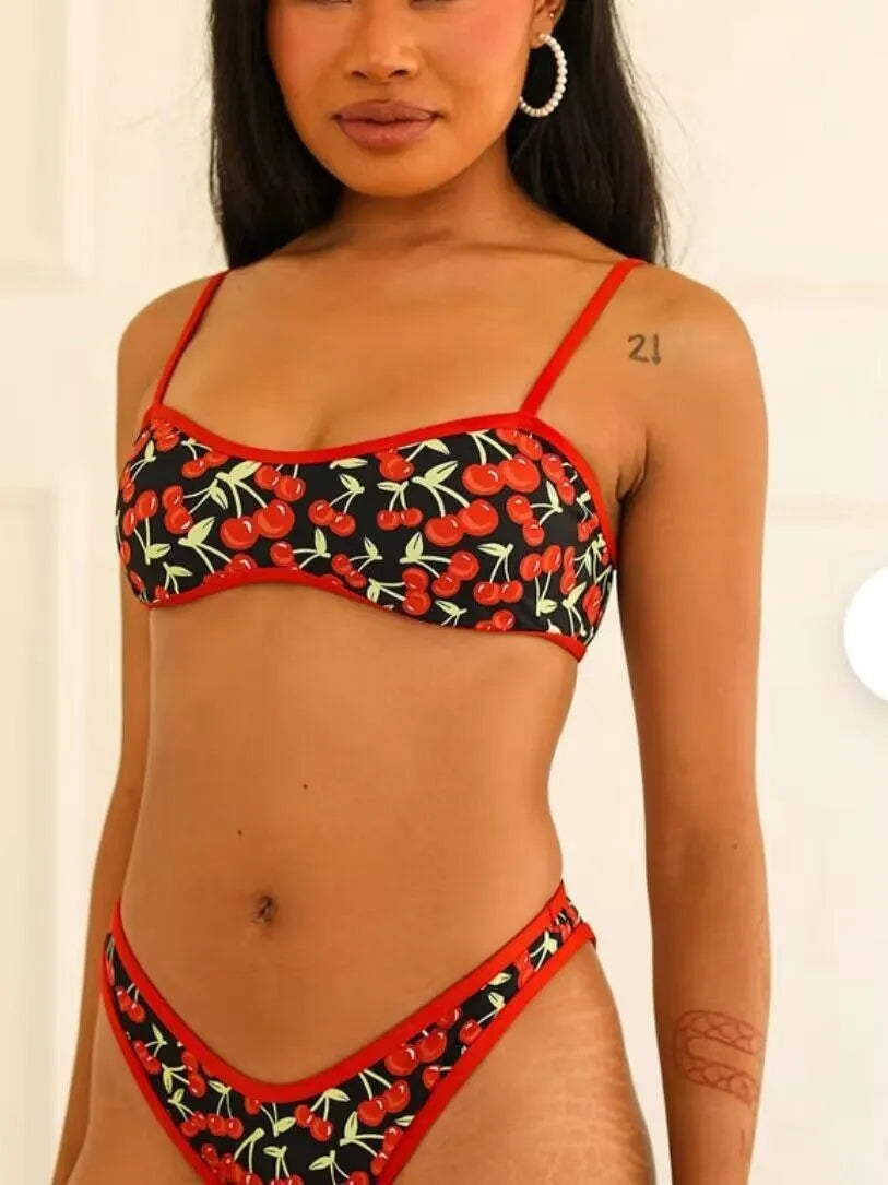 Women's cherry print bikini set with tube top and briefs in polyester fabric