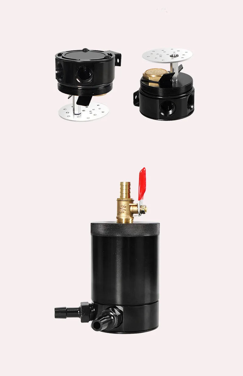 Black aluminium automotive oil pot with connectors and installation hardware