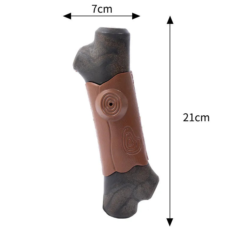 Large branch-shaped dog chew toy made from food-grade nylon with bacon flavour and squeaker